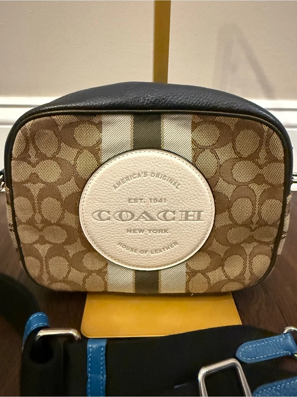 Coach Crossbody Bag in Brown, Black, Cream with Blue Strap Accents - Picture 2 of 9